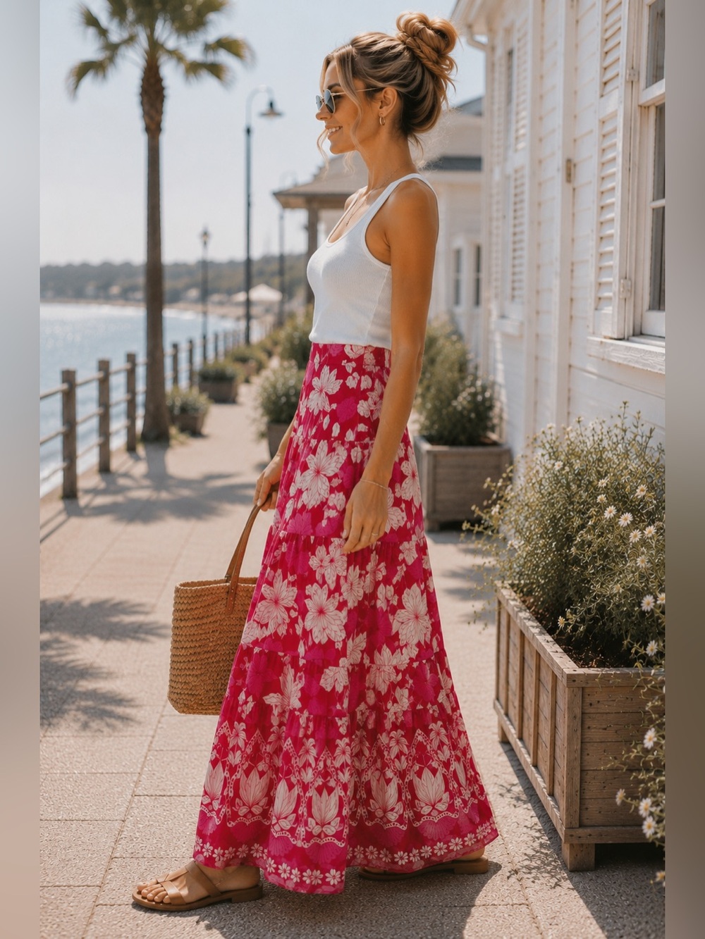 Maude Vivante Floral Tiered Maxi Skirt Pink Tropical Print |Summer event Sz Sm